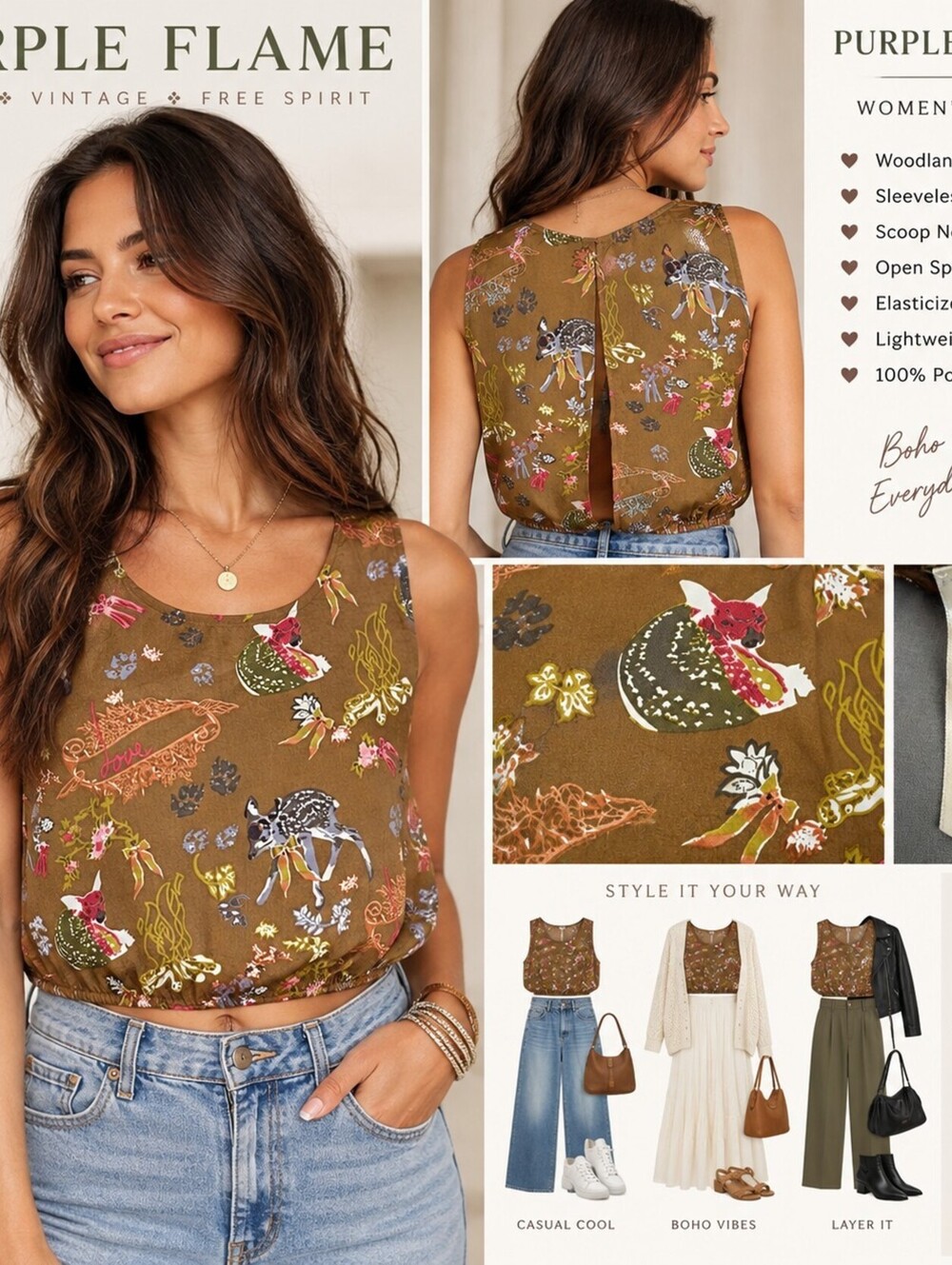 Purple Flame M Woodland Animal Print Crop Top Open Split Back Boho Y2K Brown